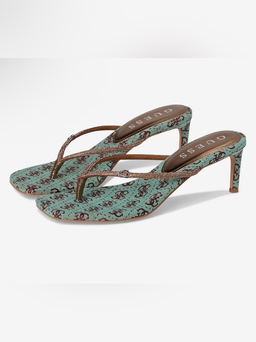 Guess Mint Floral-Print Thong Heels with Brown Crystal Straps